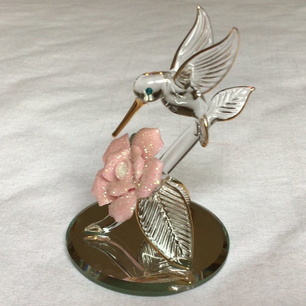 Glass Hummingbird figurine at flower on mirror base